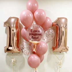 Розовые и прозрачные шары с шаром-баблз и фольгированные цифры девочки на 11 лет