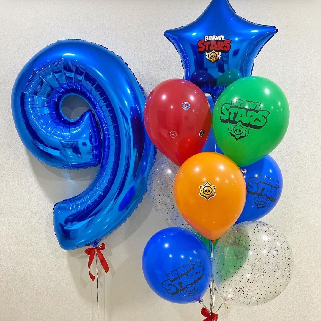 синяя фольгированная цифра с разноцветными шарами для мальчика 9 лет 