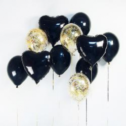 Букет из черно-золотых шаров с сердцами