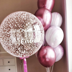 Шар-баблз с конфети и розовые металлические шары для девочки