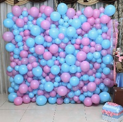 Фотозона-стена из розовых и голубых шаров 