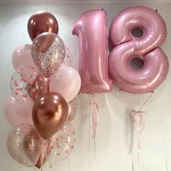 Розовая фольгированная цифра и шарики разных стилей на 18 лет для девушки