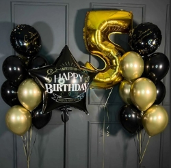 Сет из чёрно-золотых шаров с большой звездой Happy Birthday