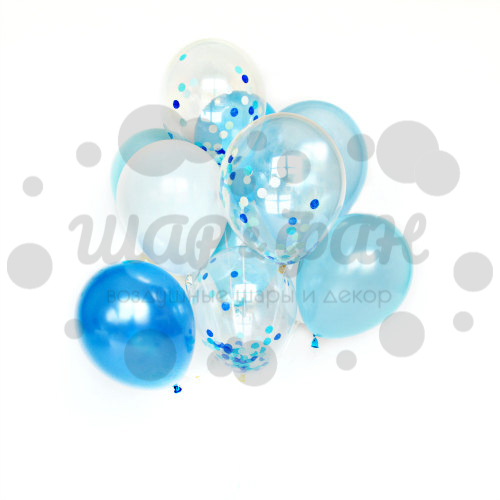 облако жемчужных сине-голубых шаров с конфетти