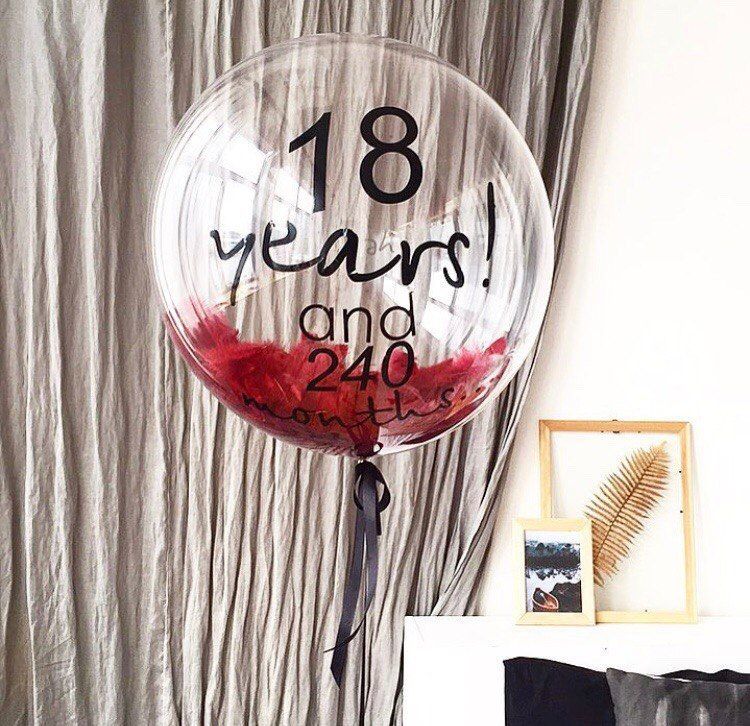 шар bubbles с красными перьями и надписью «18 years»