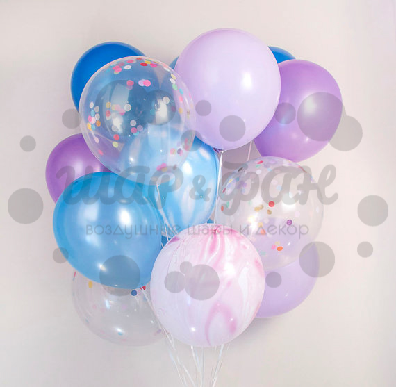 облако сине-фиолетовых шаров с конфетти  